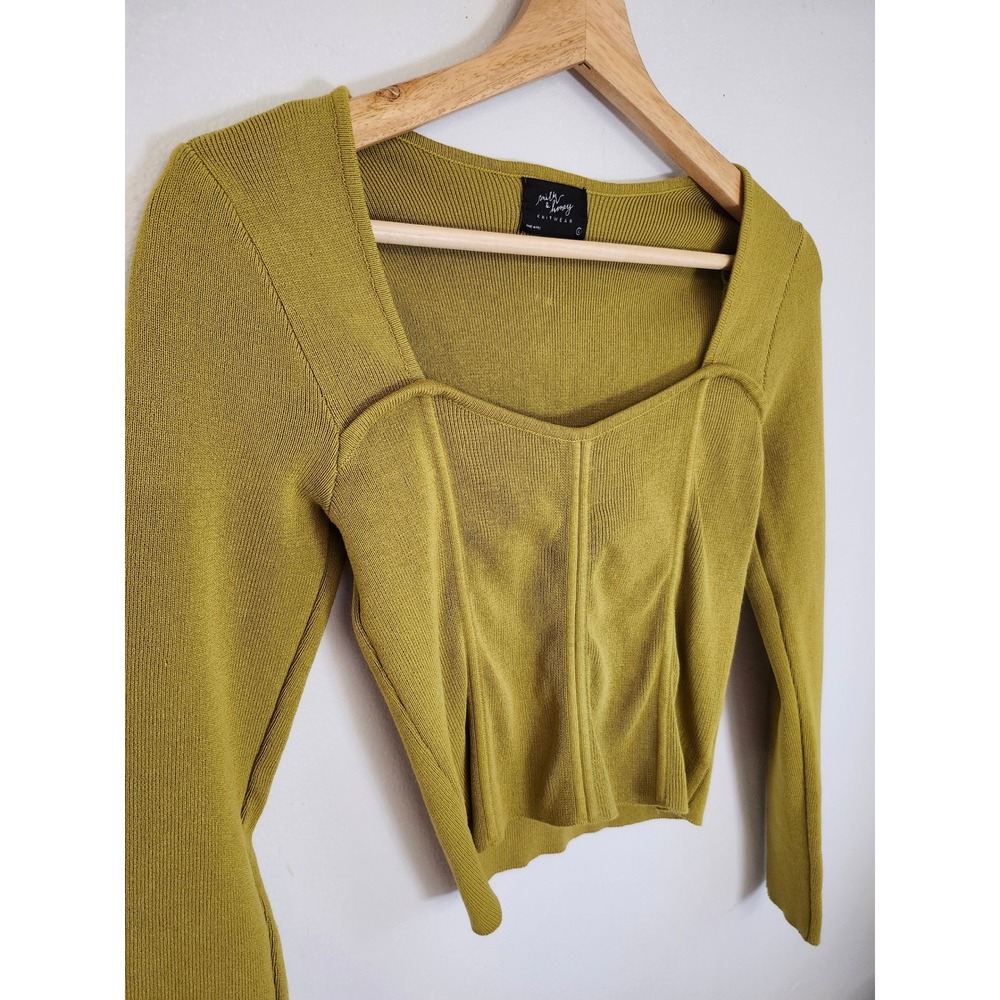 Milk & Honey Olive Green Corset Knit Top Women's L Long Sleeve Y2K - Picture 4 of 8
